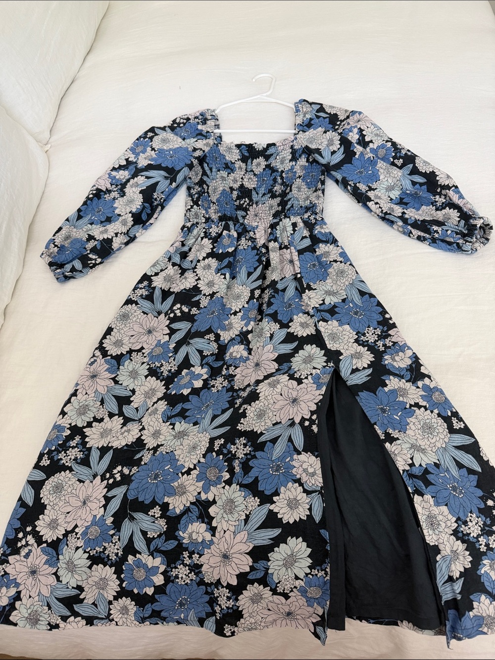 Smocked Floral Dress with Slit